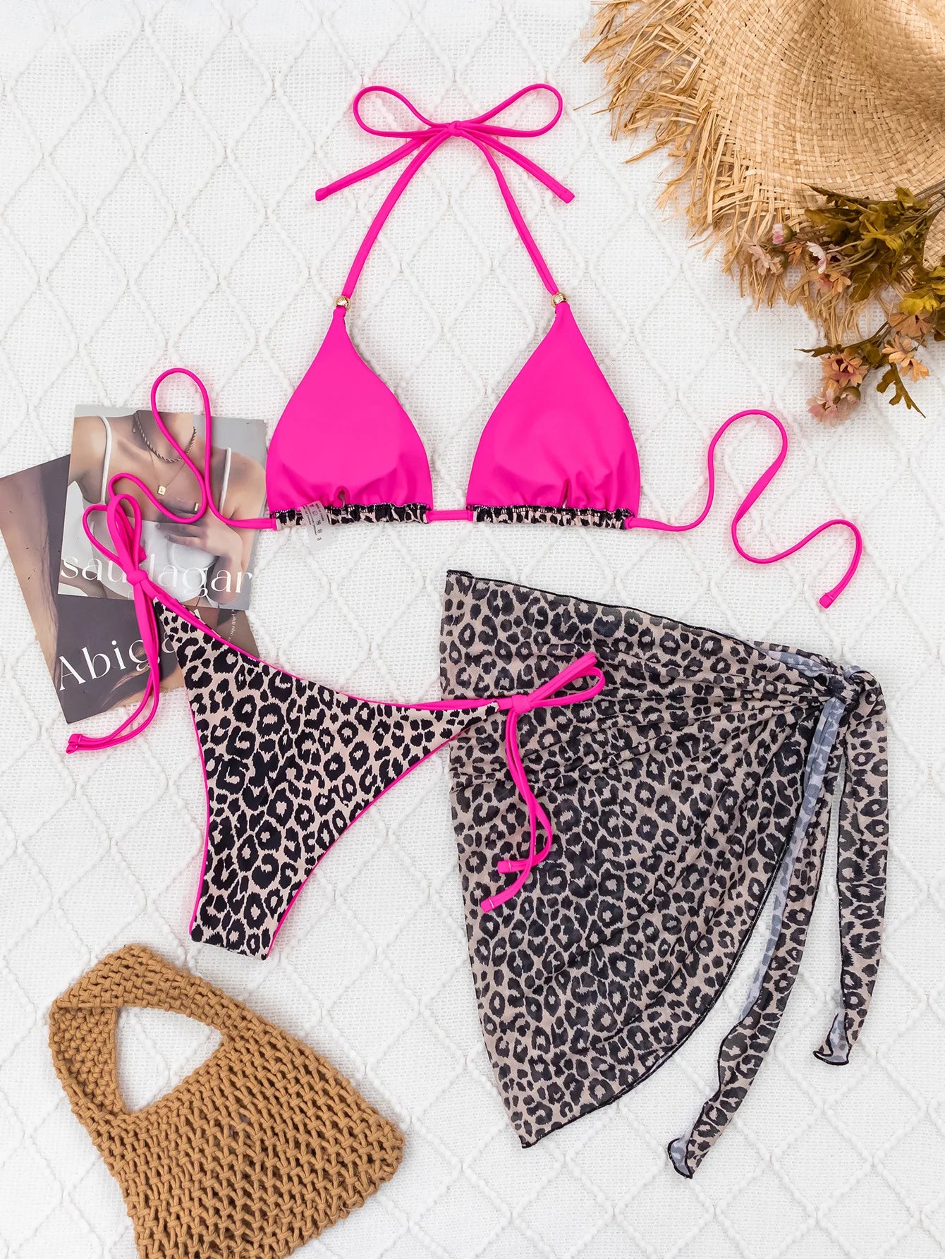 Hot Pink Leopardenmuster Bikini Damen – 3-teiliges Push-Up Set mit Mesh-Rock